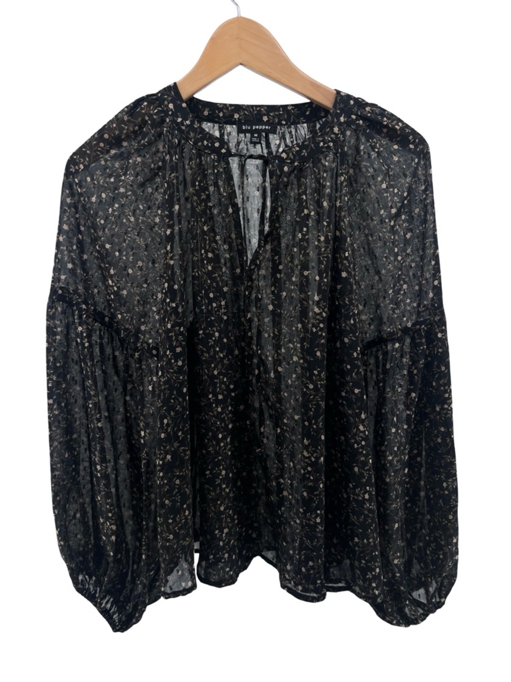 Blu Pepper Black Floral Sheer Blouse Ruffle Tie Neck Long Sleeve Boho Top - Picture 2 of 11
